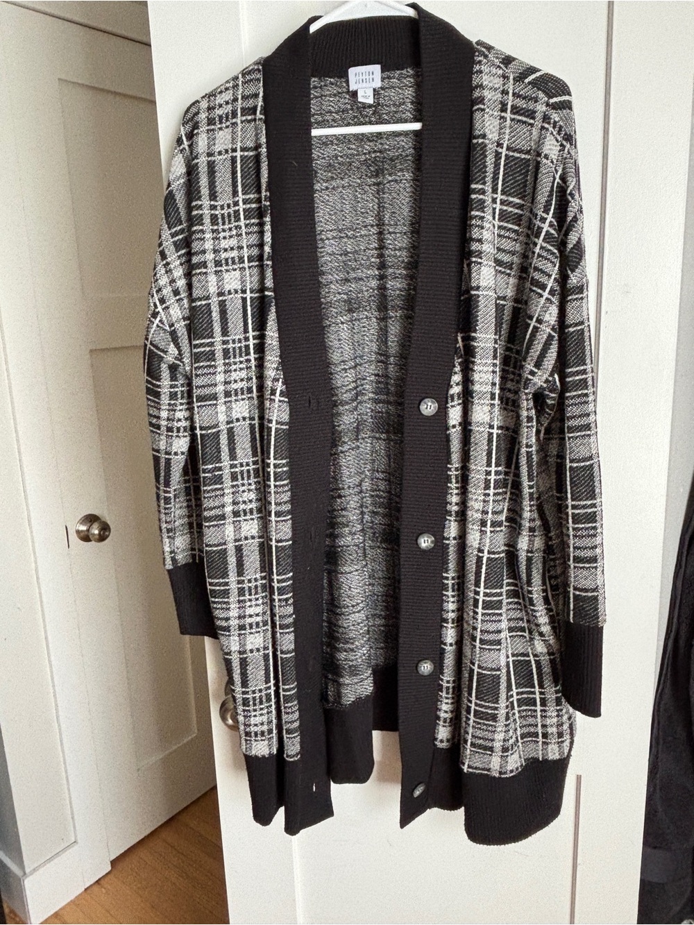 Checked Open-Front Cardigan Sweater in Black & White Peyton Jensen